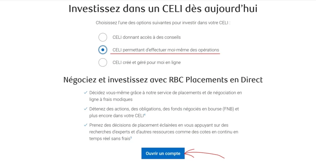 Capture d'écran montrant comment ouvrir un compte CELI via le site web de la Banque Royale du Canada